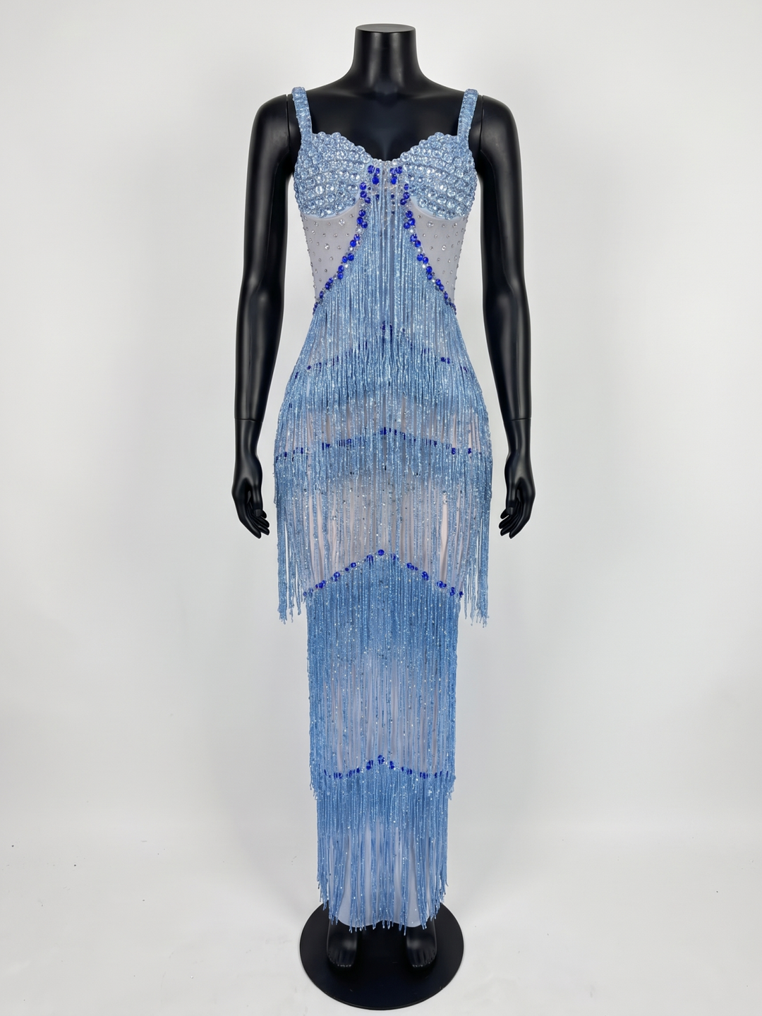 Women's Ballroom Dance Dress Tassel Rhinestones Spaghetti Strap Performance Mesh Long Dress