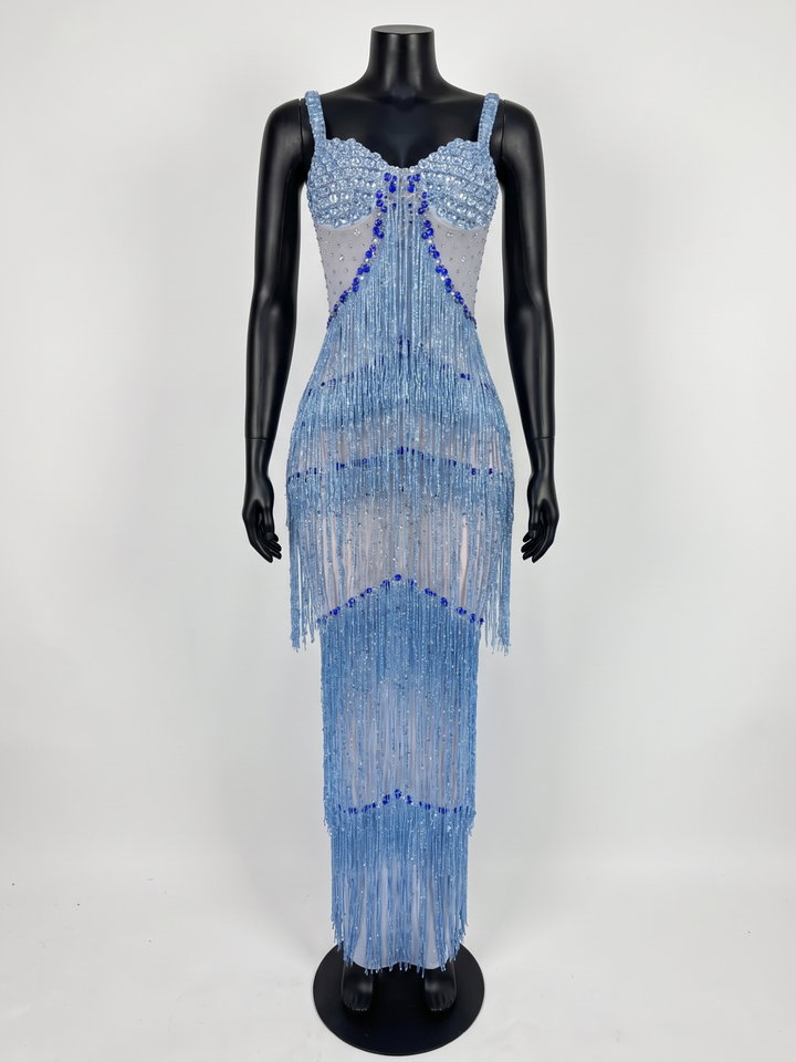 Women's Ballroom Dance Dress Tassel Rhinestones Spaghetti Strap Performance Mesh Long Dress