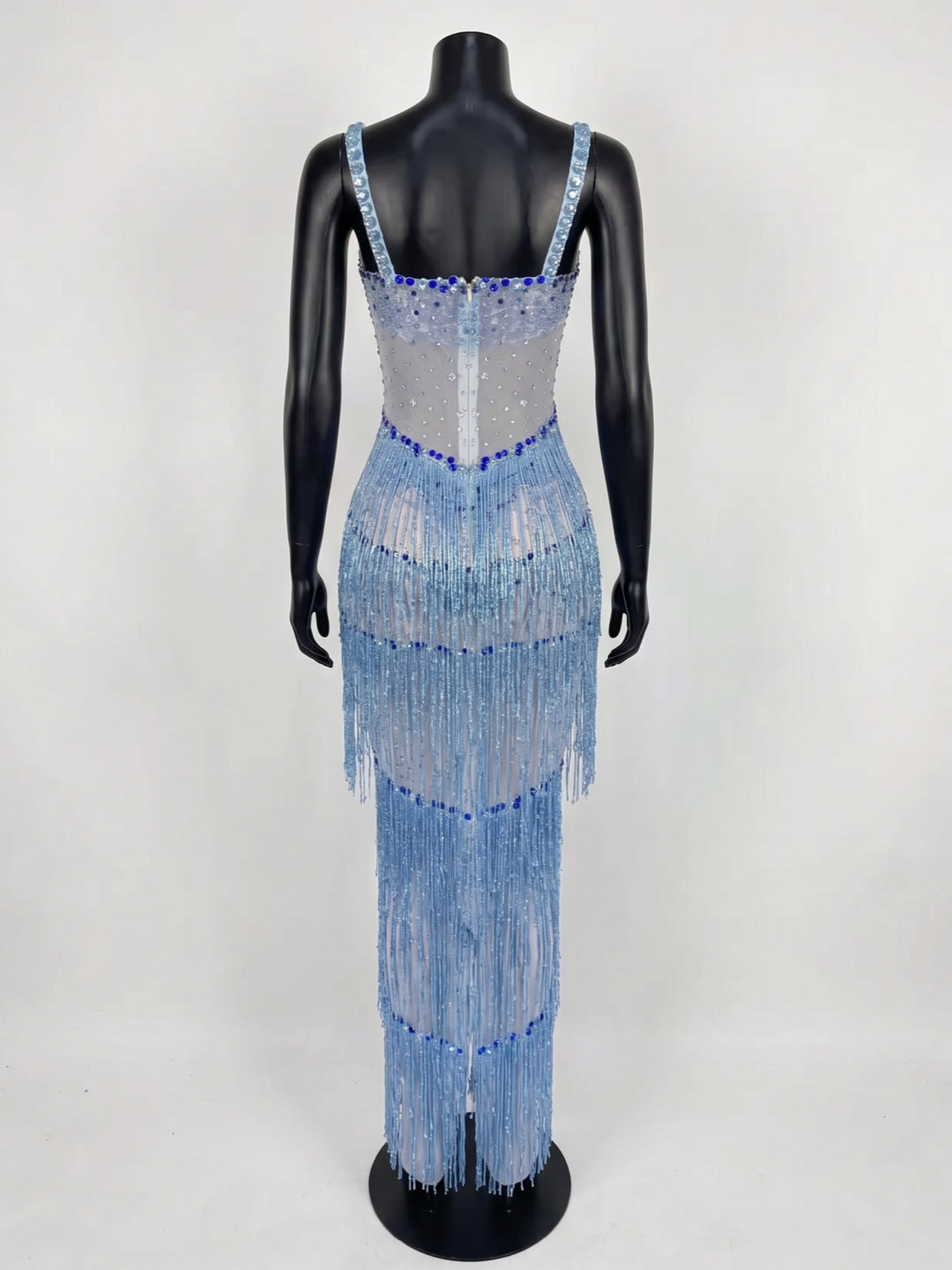 Women's Ballroom Dance Dress Tassel Rhinestones Spaghetti Strap Performance Mesh Long Dress