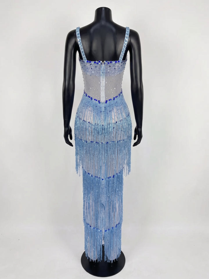 Women's Ballroom Dance Dress Tassel Rhinestones Spaghetti Strap Performance Mesh Long Dress