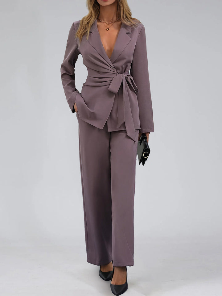 Women's 2 Pieces Notched Lapel Ruched Suits with Bow