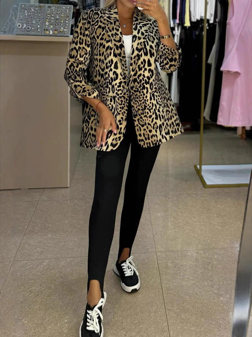 Women's Notched Lapel Single Breasted One-button Leopard Print Blazer