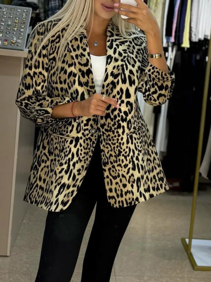 Women's Notched Lapel Single Breasted One-button Leopard Print Blazer