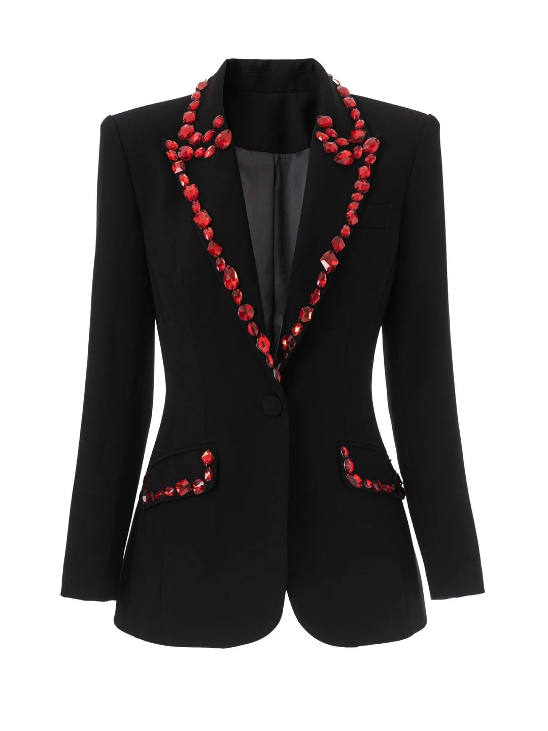 Women's Peaked Lapel Single Breasted One-button Long Sleeves Blazer with Red Rhinestones
