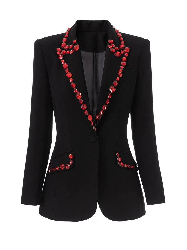 Women's Peaked Lapel Single Breasted One-button Long Sleeves Blazer with Red Rhinestones