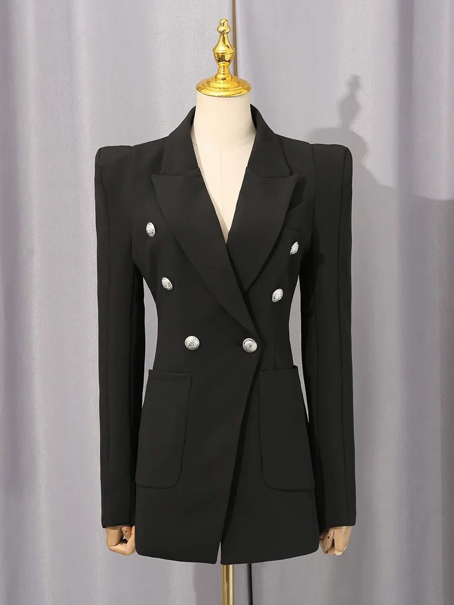 Women's Peaked Lapel Double-breasted Six-button Long Sleeves Blazer with Pockets