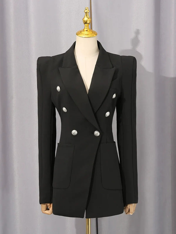Women's Peaked Lapel Double-breasted Six-button Long Sleeves Blazer with Pockets