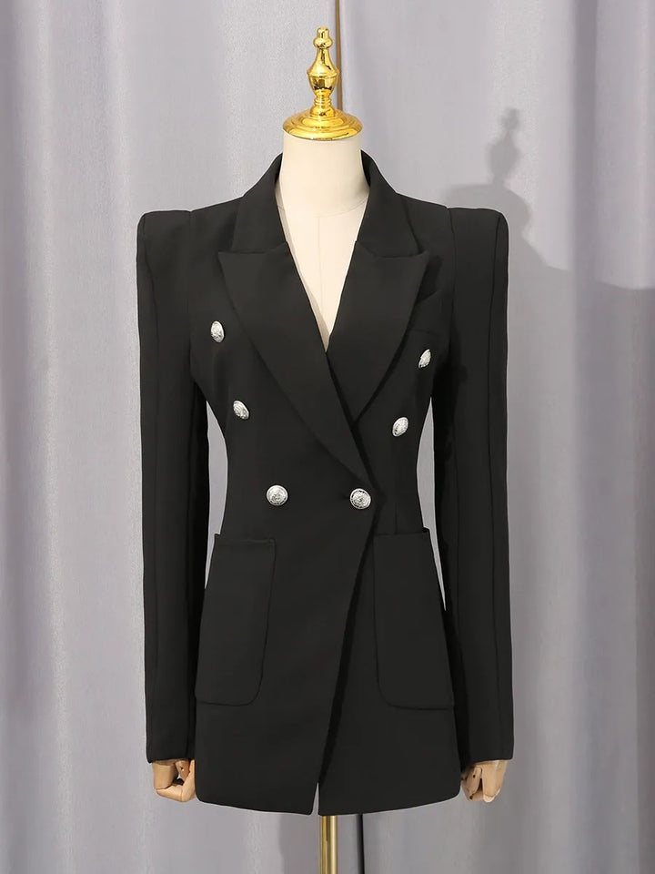 Women's Peaked Lapel Double-breasted Six-button Long Sleeves Blazer with Pockets