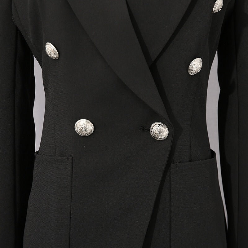 Women's Peaked Lapel Double-breasted Six-button Long Sleeves Blazer with Pockets