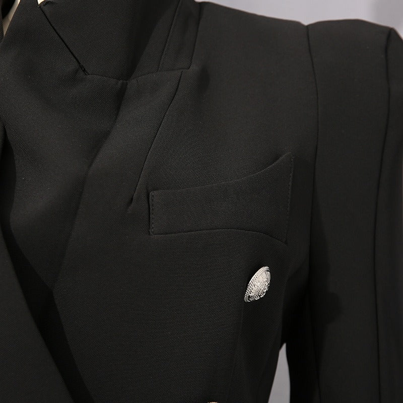 Women's Peaked Lapel Double-breasted Six-button Long Sleeves Blazer with Pockets