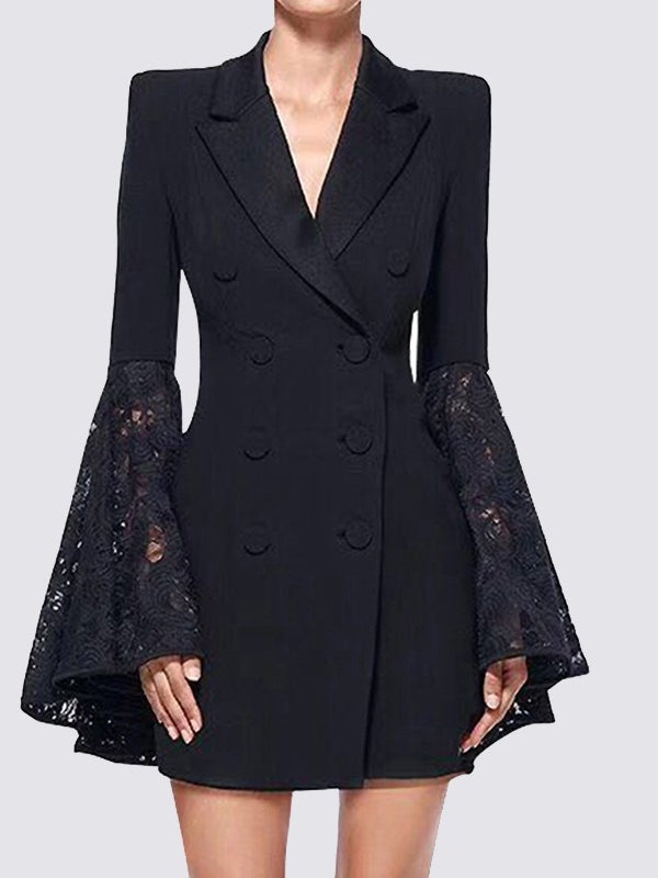 Women's Peaked Lapel Double-breasted Six-button Blazer with Pockets, S / Black