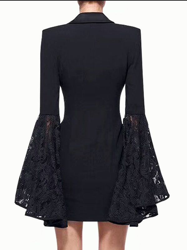 flared sleeve blazer dress Balloon Sleeve Button Front Wool Look Blazer Dress In Grey | EGO US