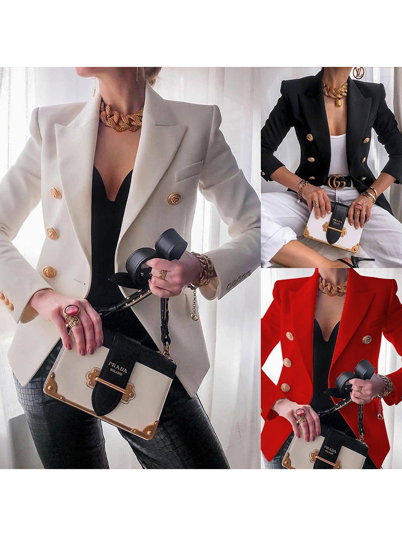 Women's Peaked Lapel Double-breasted Six-button Blazer with Pockets