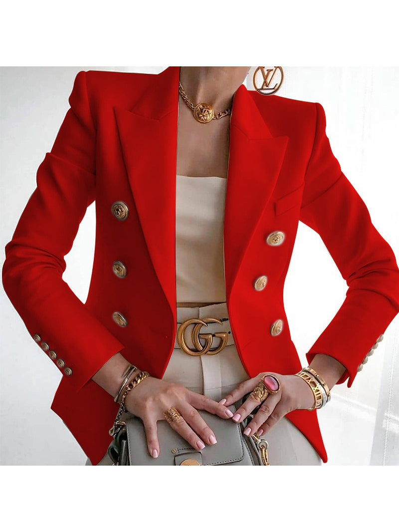 Women's Peaked Lapel Double-breasted Six-button Blazer with Pockets