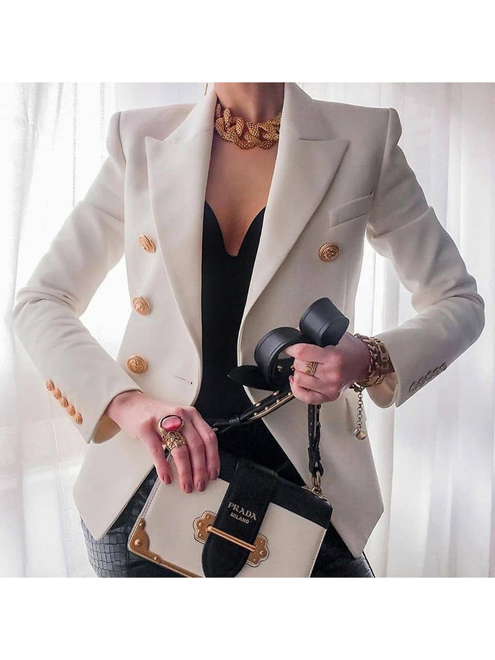 Women's Peaked Lapel Double-breasted Six-button Blazer with Pockets