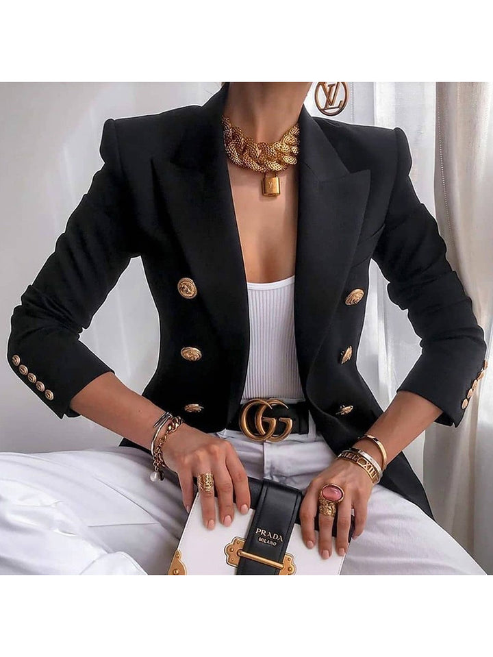 Women's Peaked Lapel Double-breasted Six-button Blazer with Pockets