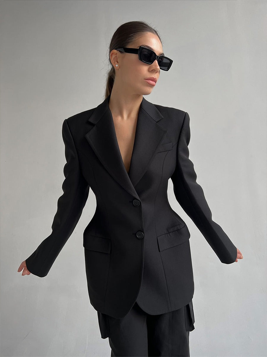 Women's Notched Lapel Black Single Breasted Two-button Long Sleeves Blazer