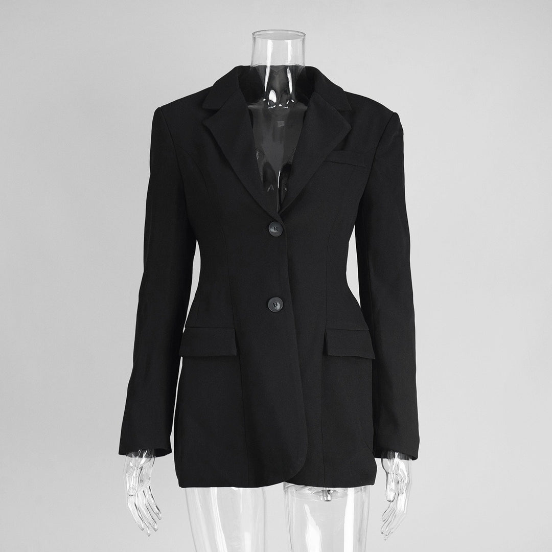 Women's Notched Lapel Black Single Breasted Two-button Long Sleeves Blazer