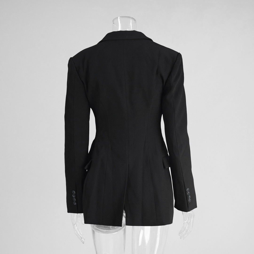 Women's Notched Lapel Black Single Breasted Two-button Long Sleeves Blazer