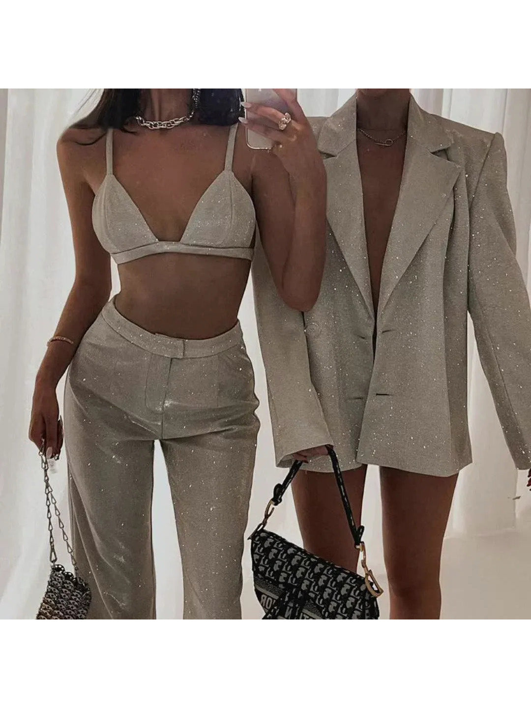 Women's Sparkly 3 Pieces Notched Lapel Single Breasted Two-button Suits