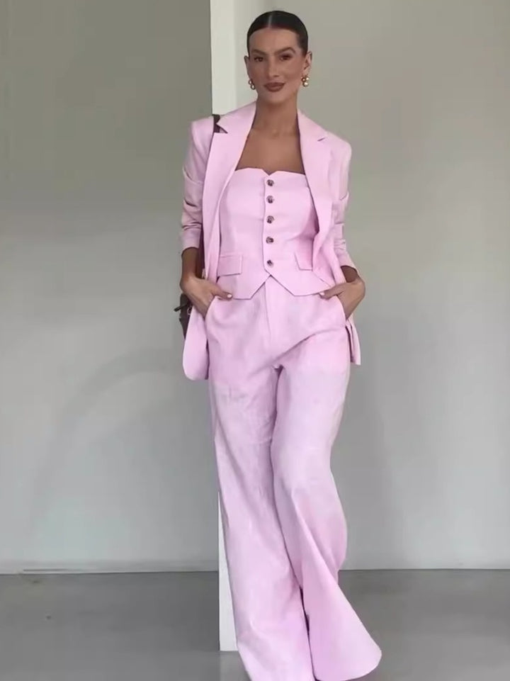 Women's 3 Pieces Notched Lapel Single Breasted Two-button Suits with Tube Top