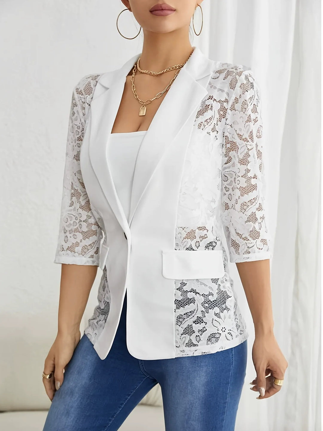 Women's Notched Lapel Single Breasted One-button 3/4 Sleeves Blazer with Lace
