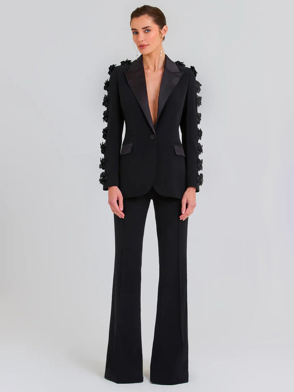 Women's 2 Pieces Plunge V-Neck Long Sleeves Suits with 3D Flowers & Pearls