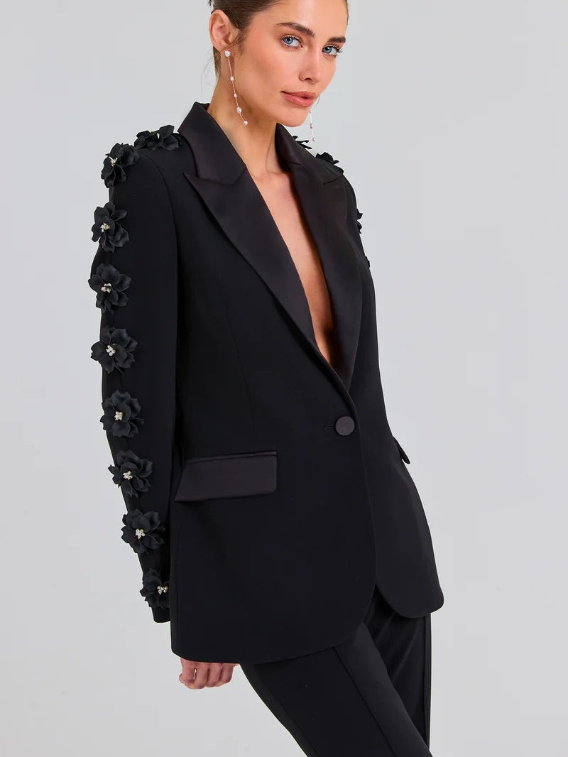 Women's 2 Pieces Plunge V-Neck Long Sleeves Suits with 3D Flowers & Pearls