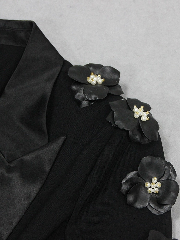 Women's 2 Pieces Plunge V-Neck Long Sleeves Suits with 3D Flowers & Pearls