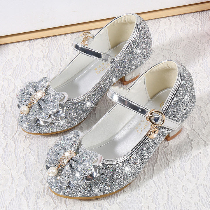 Girl's Sparkling Sequined Bow Block Round Toe Shoes with Pearl & Buckle