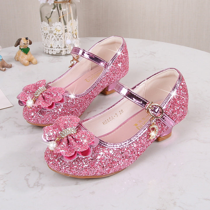 Girl's Sparkling Sequined Bow Block Round Toe Shoes with Pearl & Buckle