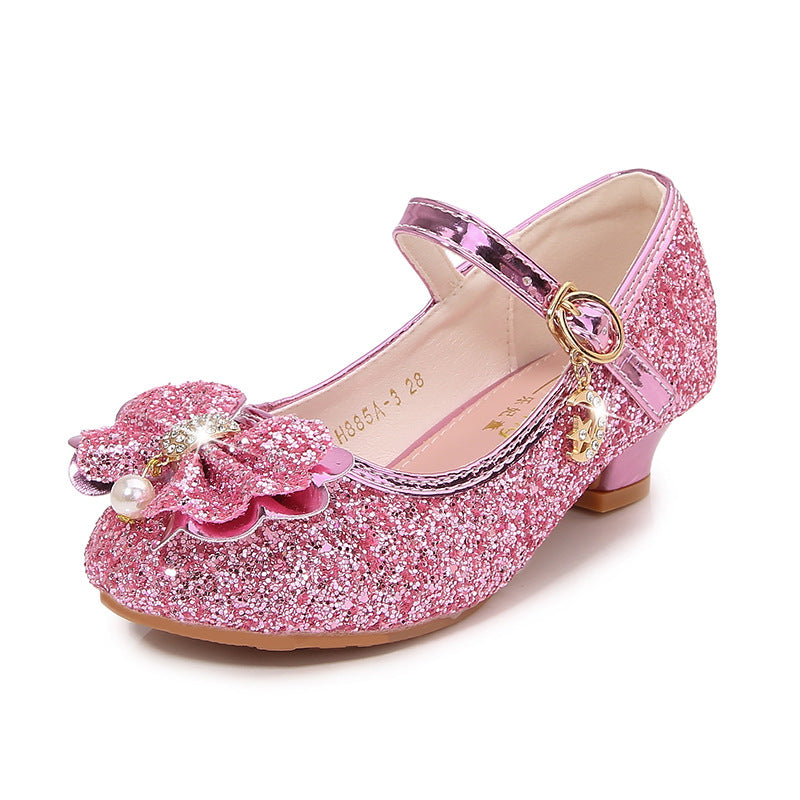 Girl's Sparkling Sequined Bow Block Round Toe Shoes with Pearl & Buckle