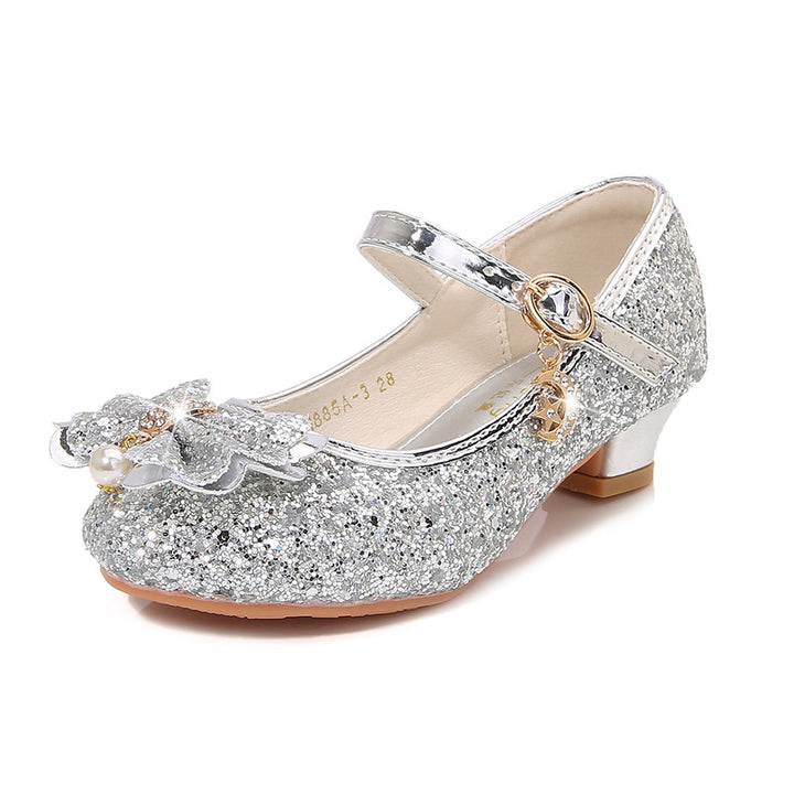 Girl's Sparkling Sequined Bow Block Round Toe Shoes with Pearl & Buckle