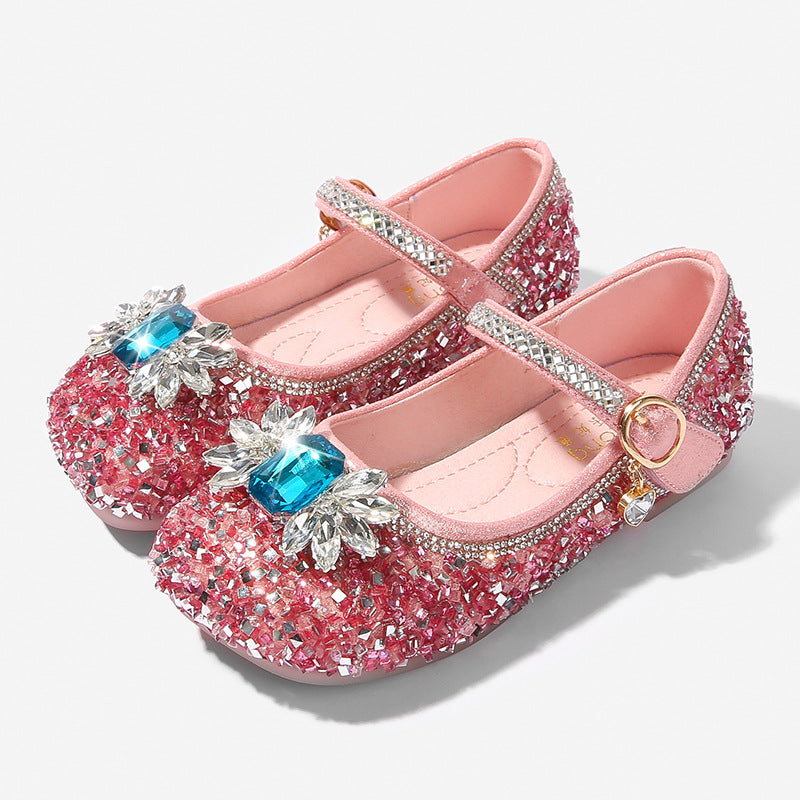 Girl's Sparkling Rhinestone Low Heel Round Toe Shoes with Bow & Velcro