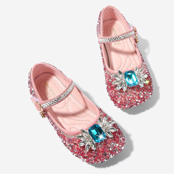 Girl's Sparkling Rhinestone Low Heel Round Toe Shoes with Bow & Velcro