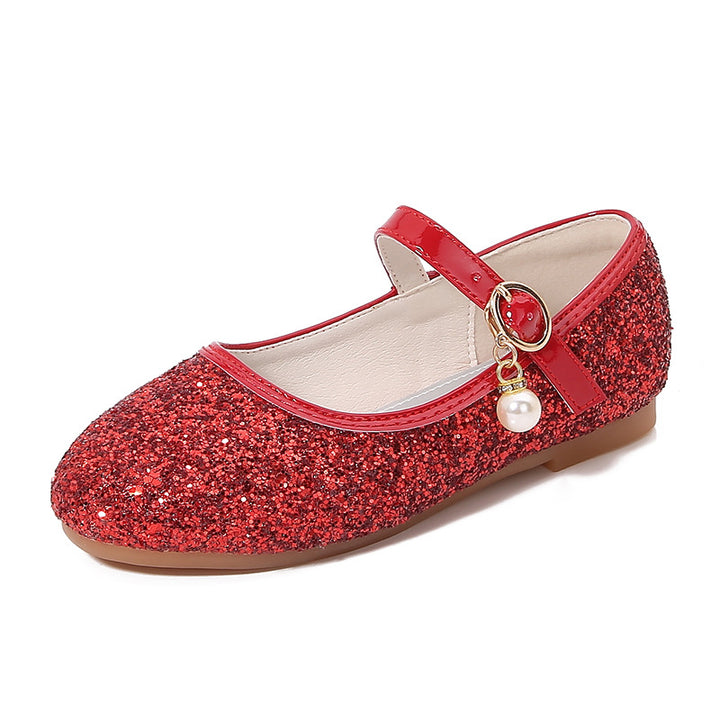 Sparkling Sequins Low Heel Round Toe Minimalist Girl's Shoes with Buckle & Pearl