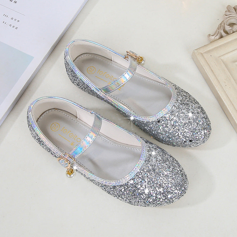 Sparkling Sequins Low Heel Round Toe Minimalist Girl's Shoes with Buckle & Pearl