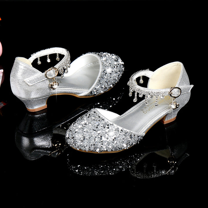 Sparkling Sequined Block Round Toe Buckle Girl's Shoes with Rhinestone