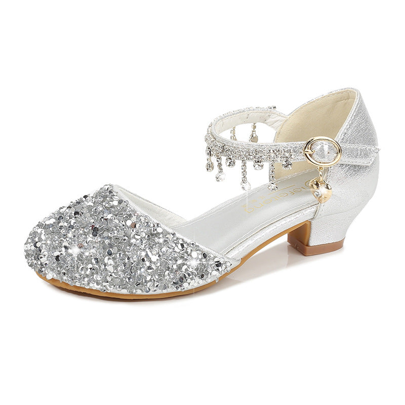 Sparkling Sequined Block Round Toe Buckle Girl's Shoes with Rhinestone