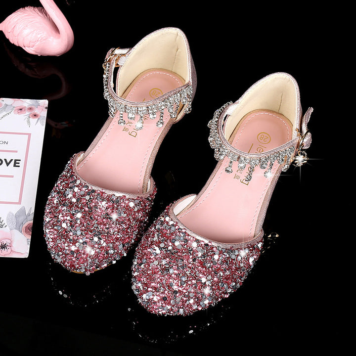 Sparkling Sequined Block Round Toe Buckle Girl's Shoes with Rhinestone