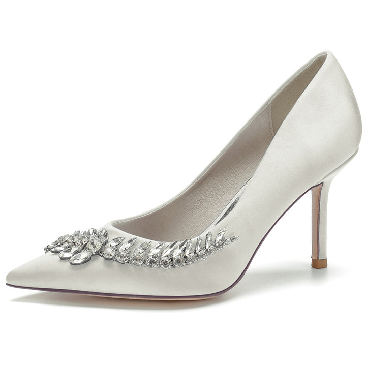 Women's Wedding Pointed Toe Silk Satin Stiletto Heel Bridal Shoes with Long Rhinestones