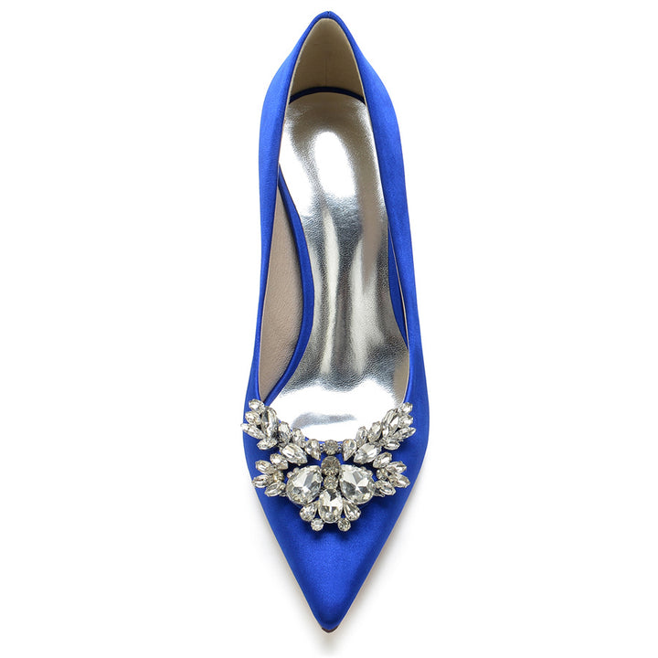 Women's Wedding Silk Satin Pointed Toe High Heel Bridal Shoes with Rhinestones