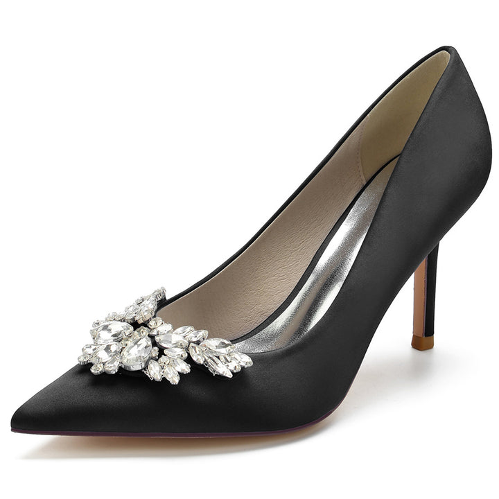 Women's Wedding Silk Satin Pointed Toe High Heel Bridal Shoes with Rhinestones