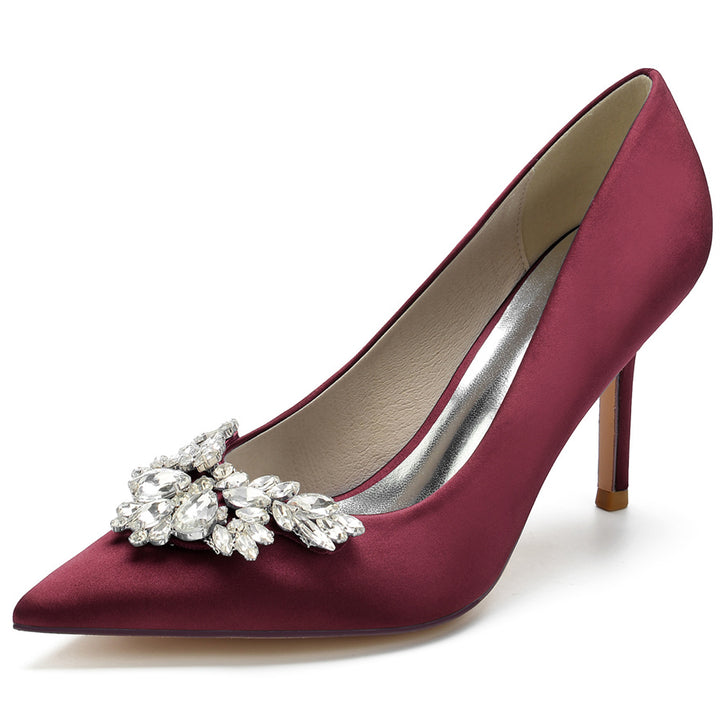 Women's Wedding Silk Satin Pointed Toe High Heel Bridal Shoes with Rhinestones