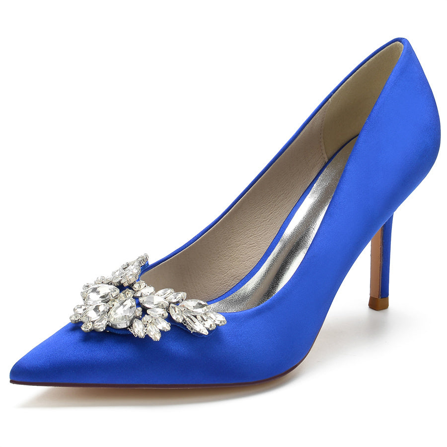 Women's Wedding Silk Satin Pointed Toe High Heel Bridal Shoes with Rhinestones