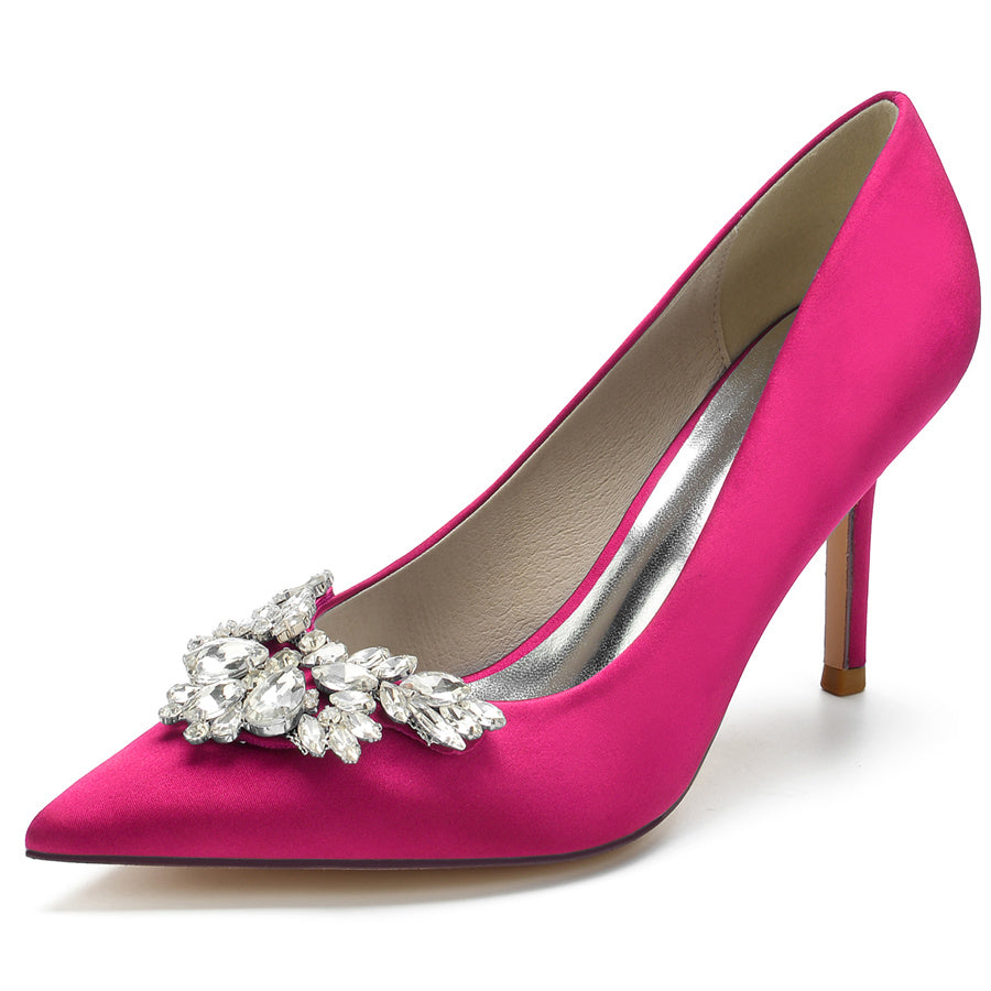 Women's Wedding Silk Satin Pointed Toe High Heel Bridal Shoes with Rhinestones