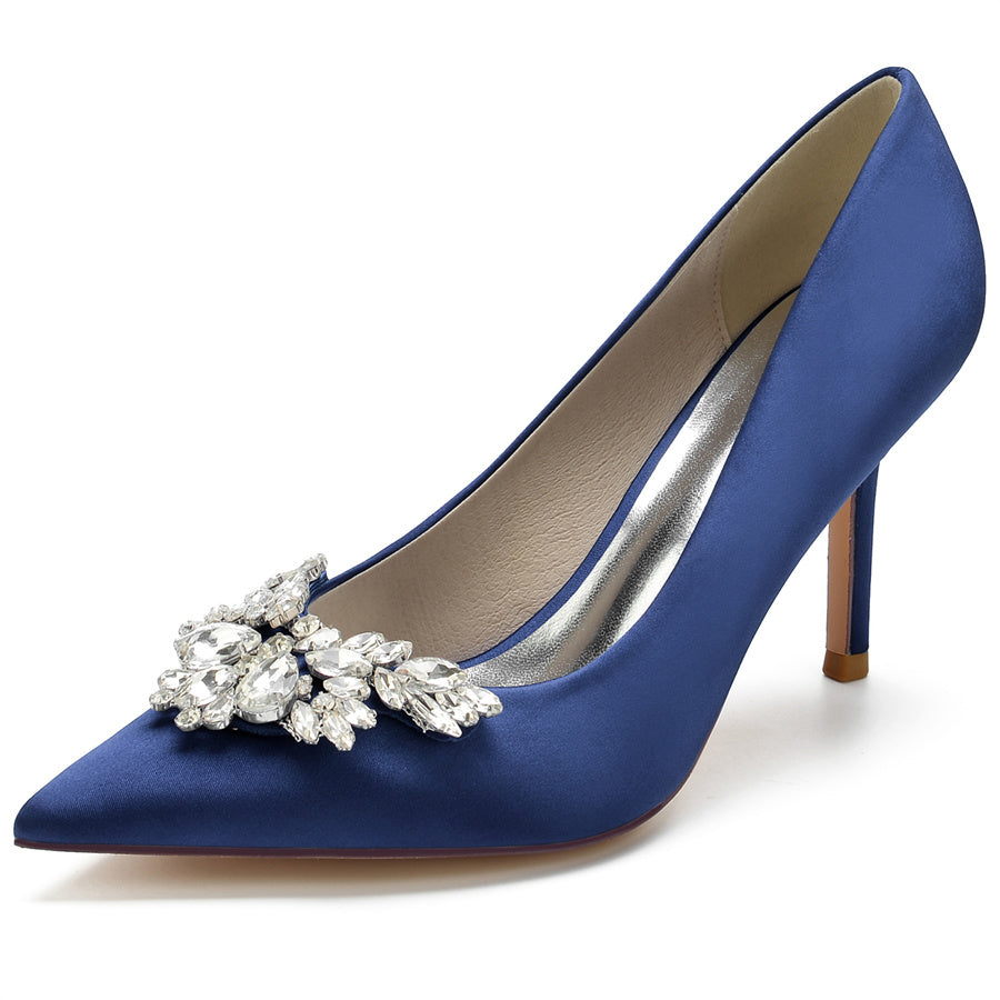 Women's Wedding Silk Satin Pointed Toe High Heel Bridal Shoes with Rhinestones