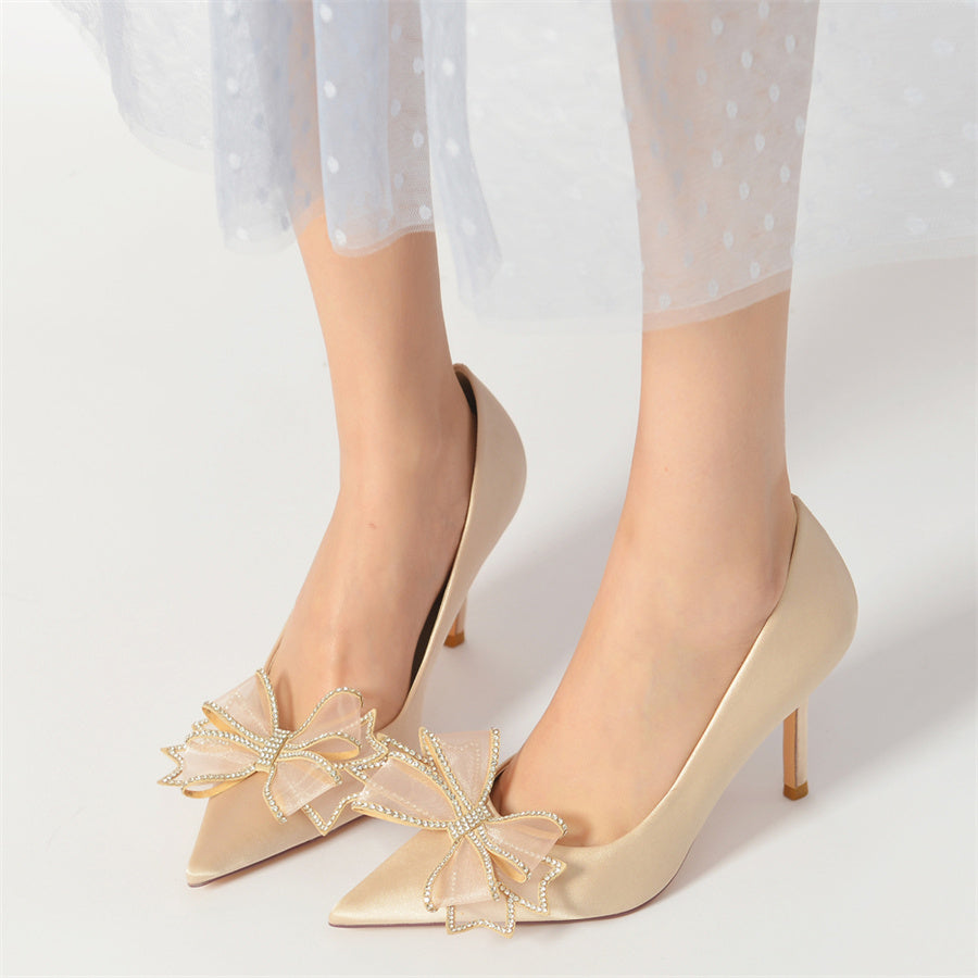 Women's Wedding Silk Satin Pointed Toe Stiletto Heel Bridal Shoes with Crystal Bow