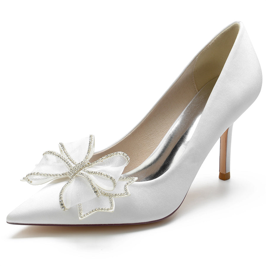 Women's Wedding Silk Satin Pointed Toe Stiletto Heel Bridal Shoes with Crystal Bow