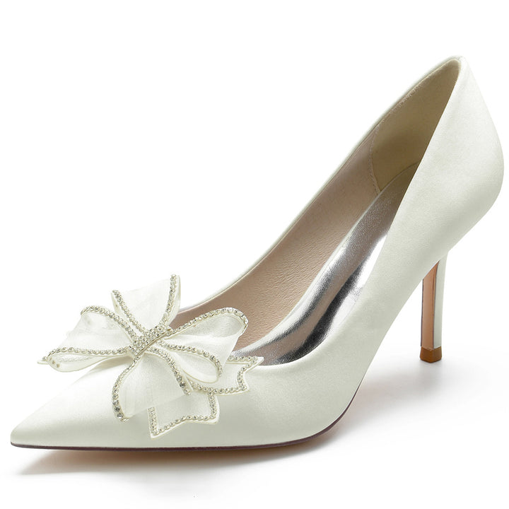 Women's Wedding Silk Satin Pointed Toe Stiletto Heel Bridal Shoes with Crystal Bow